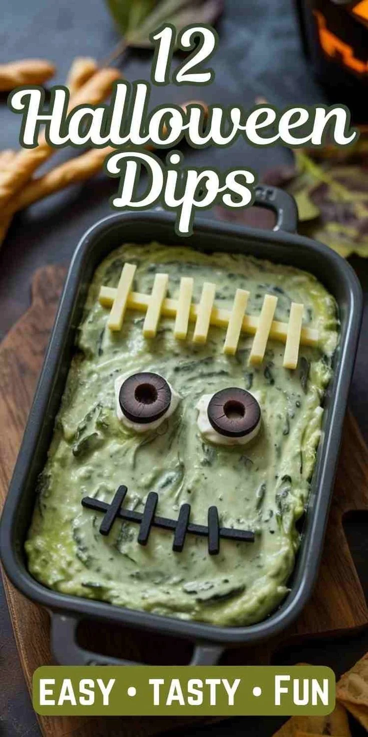 Assorted spooky Halloween dips in festive bowls ready for a Halloween party.