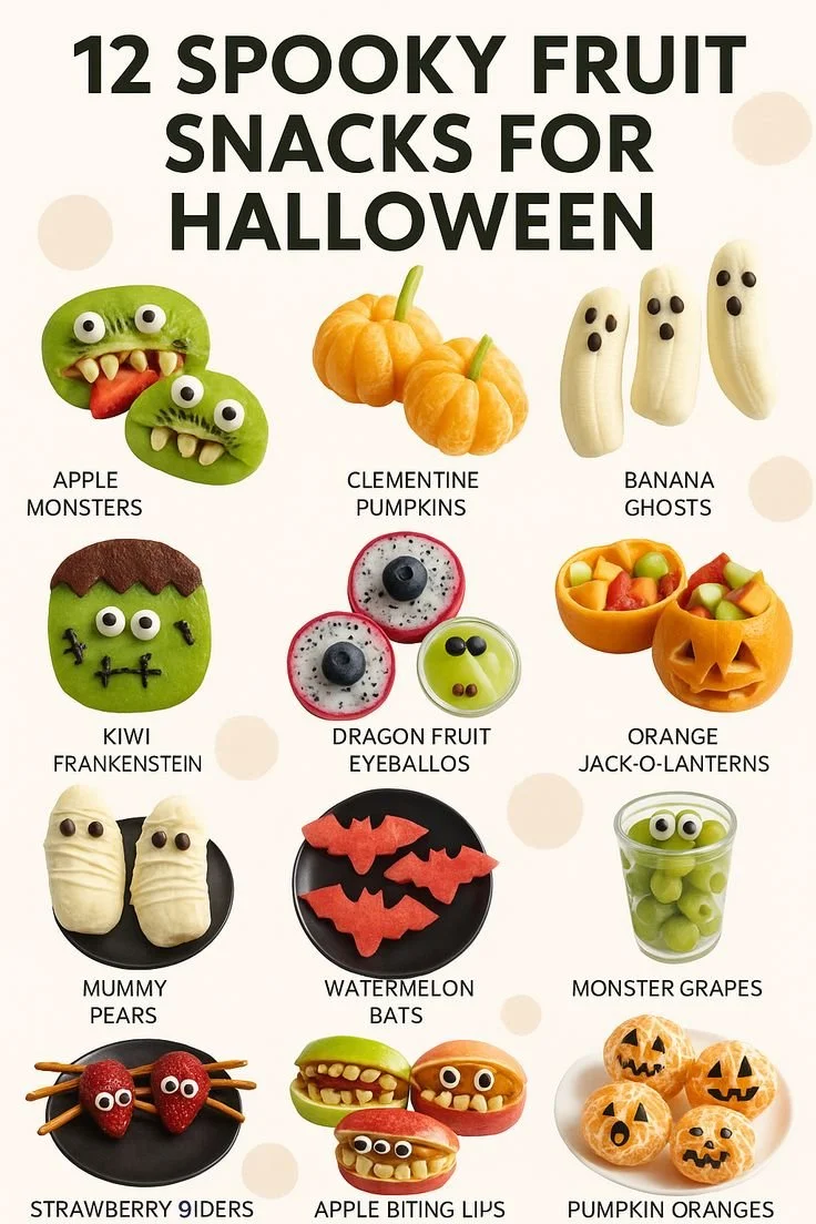 A collection of spooky fruit snacks for Halloween, featuring creative and healthy treats.