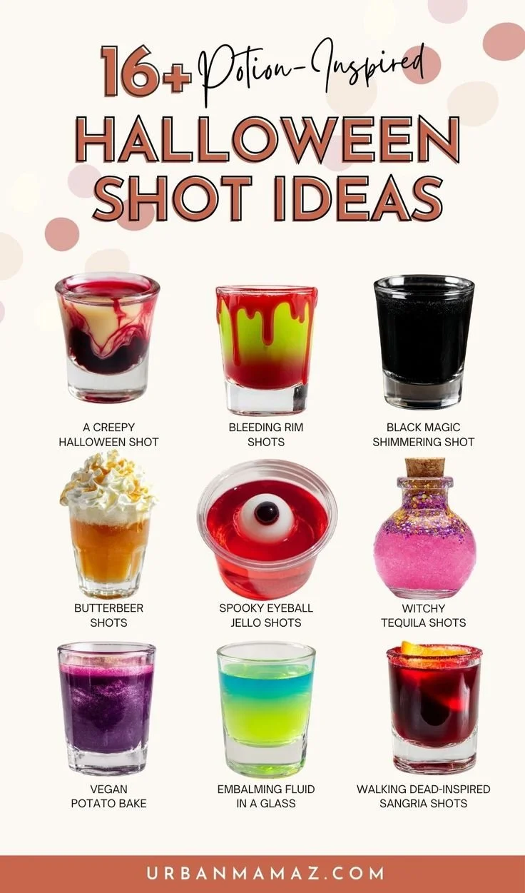 Colorful Halloween shots in spooky-themed glasses for a festive party.