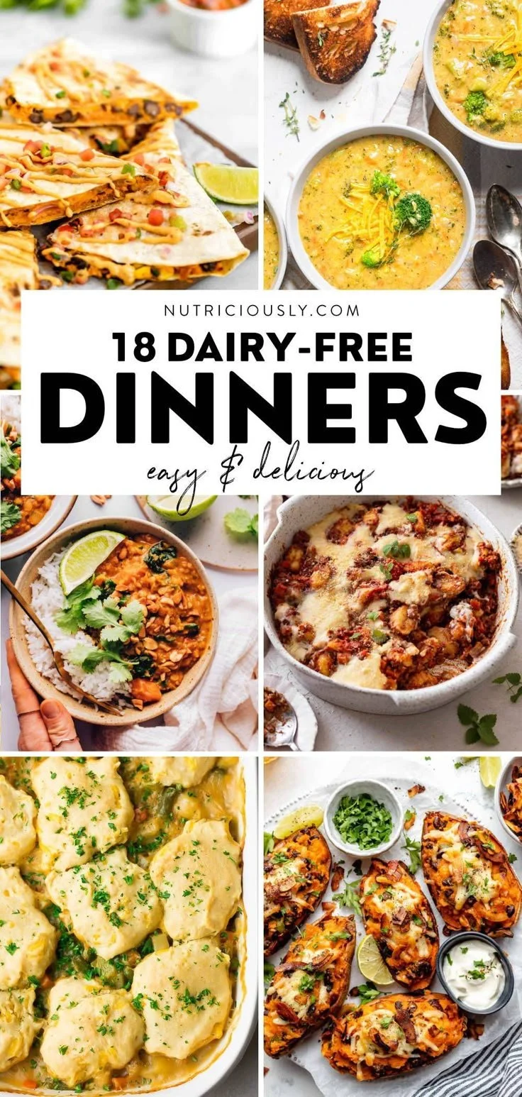 A variety of colorful dairy-free dinner dishes for healthy meal ideas.