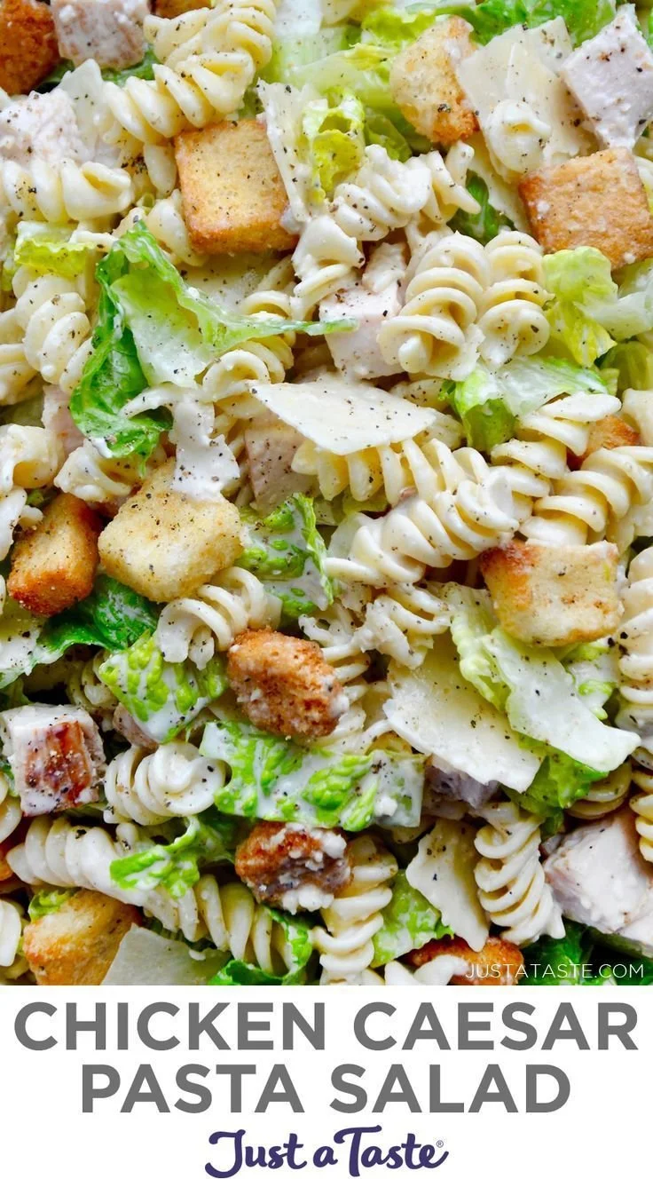 20-Minute Chicken Caesar Pasta Salad with crisp lettuce and grilled chicken