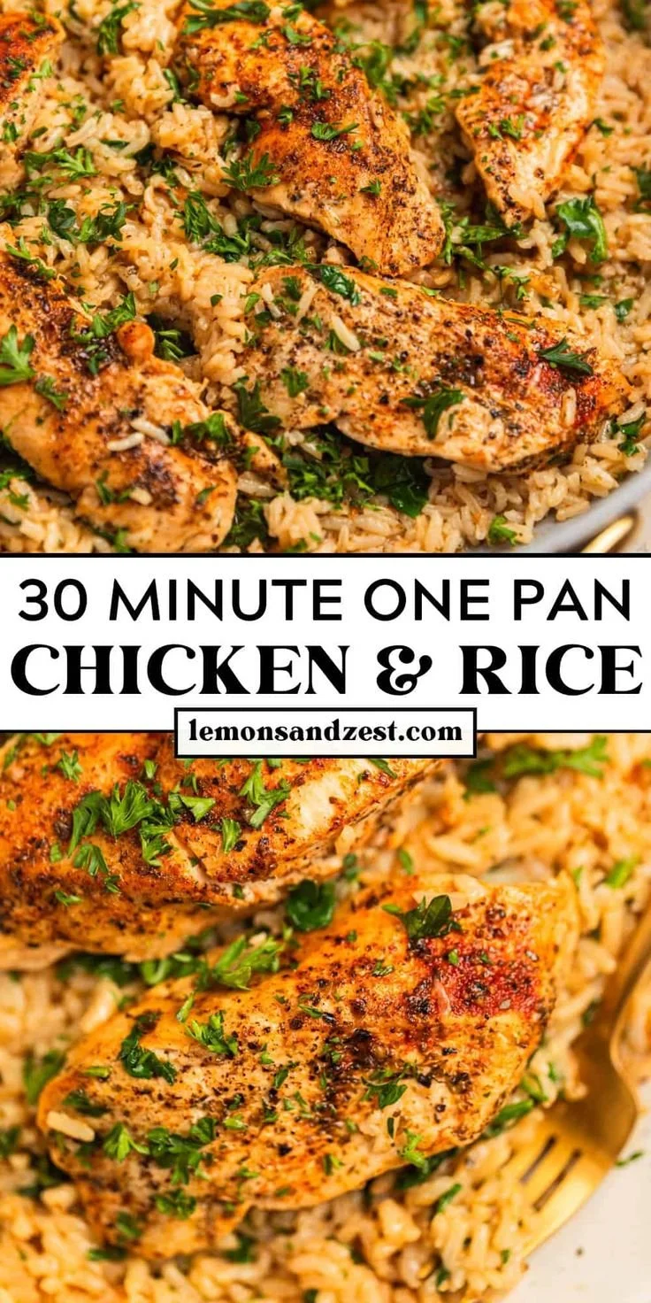 30-minute one-pan chicken and rice meal ready to serve on a plate.