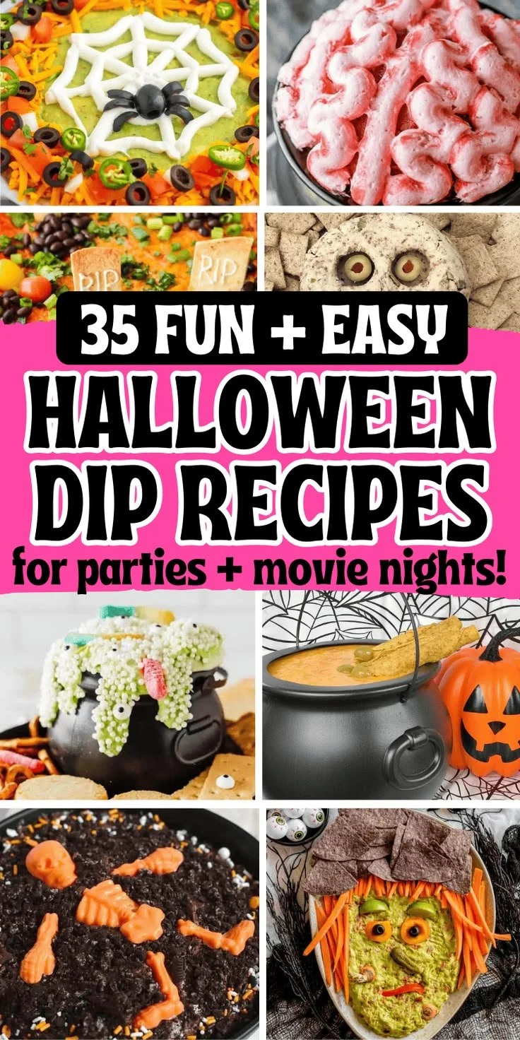 A variety of spooky Halloween dips served at a festive party table.