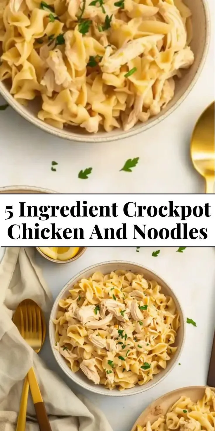 5 ingredient crockpot chicken and noodles dish served in a bowl.