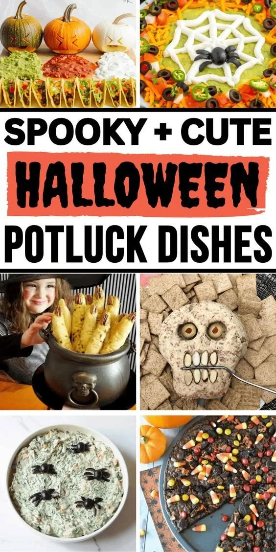 Table set with various Halloween potluck dishes for a festive gathering