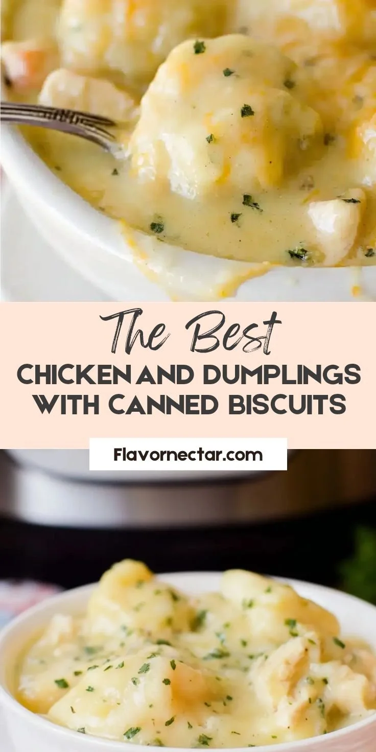 A comforting bowl of chicken and dumplings made with canned biscuits.