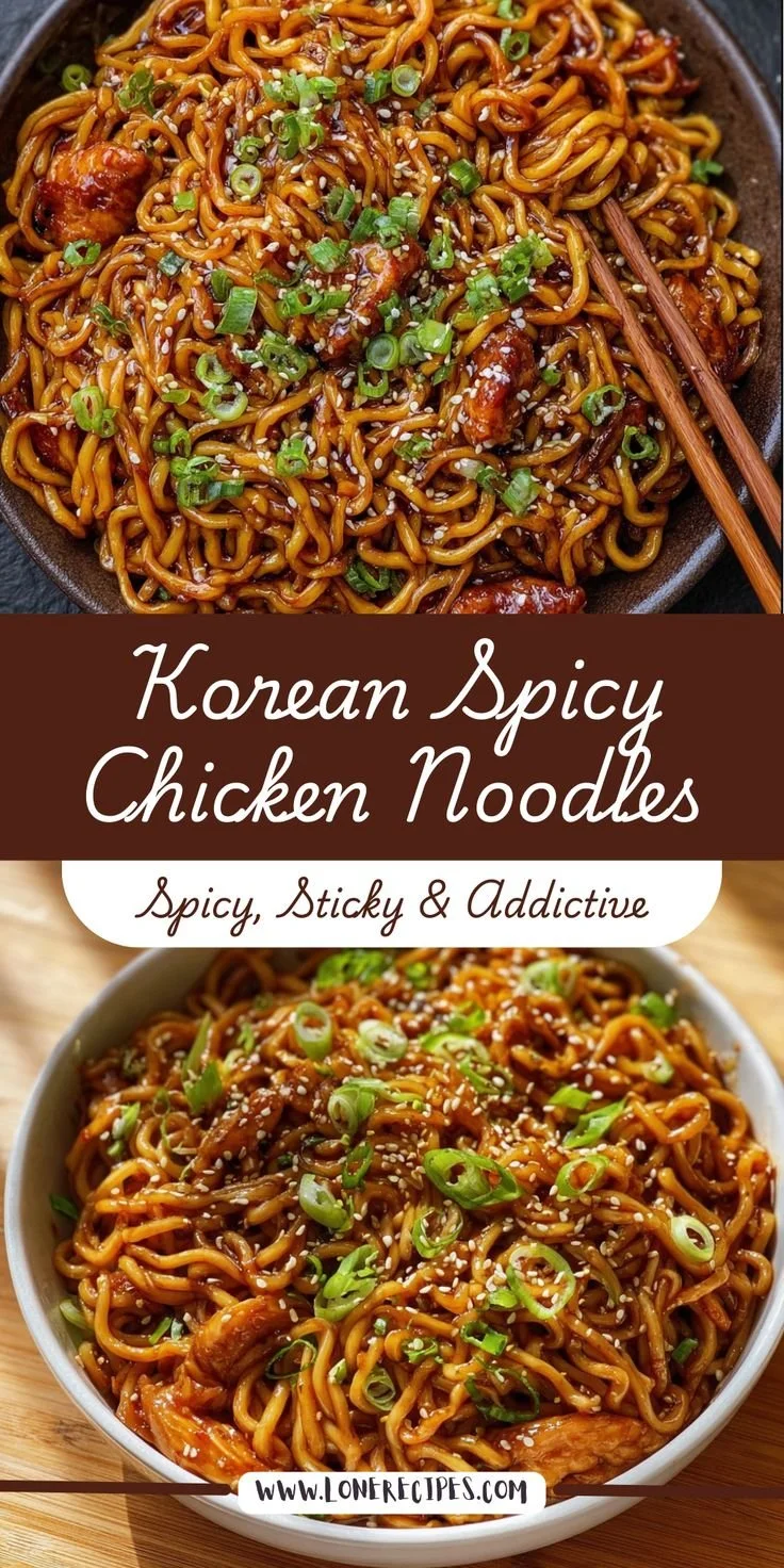 Bowl of authentic Korean spicy chicken noodles with gochujang and sesame seeds.