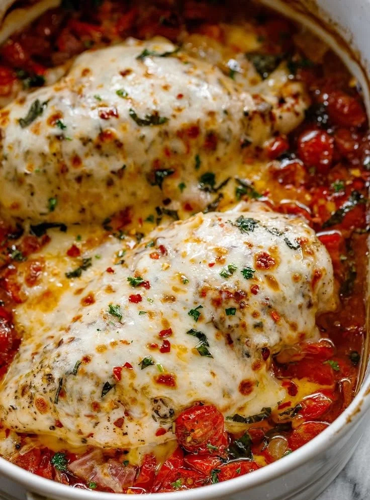 Baked chicken served with tomatoes and mozzarella on a plate