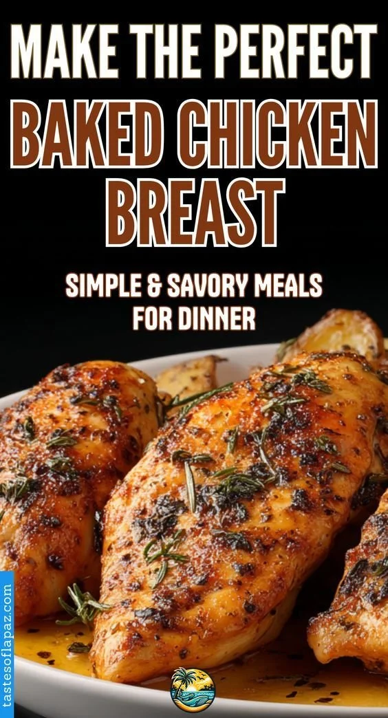Juicy baked chicken breast served with vegetables on a plate.