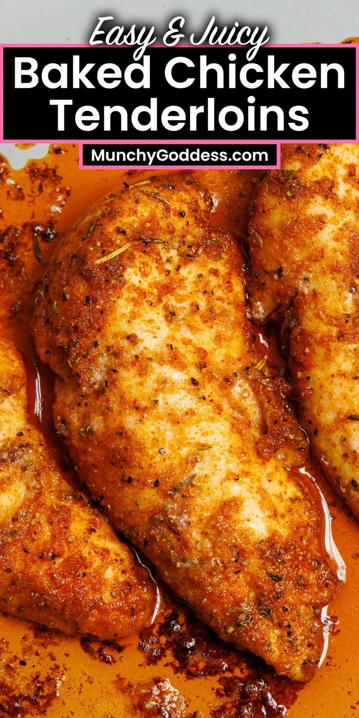 Juicy baked chicken tenderloins on a platter, garnished with herbs.