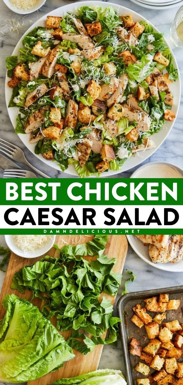 Delicious chicken caesar salad topped with homemade croutons and creamy dressing.