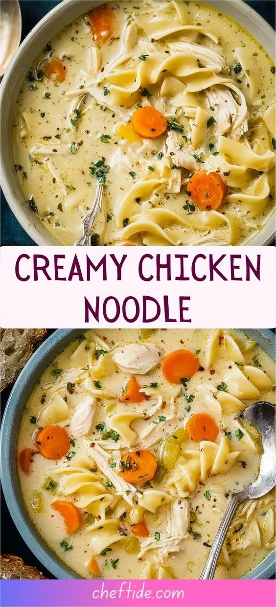 Bowl of creamy chicken noodle soup garnished with parsley and herbs