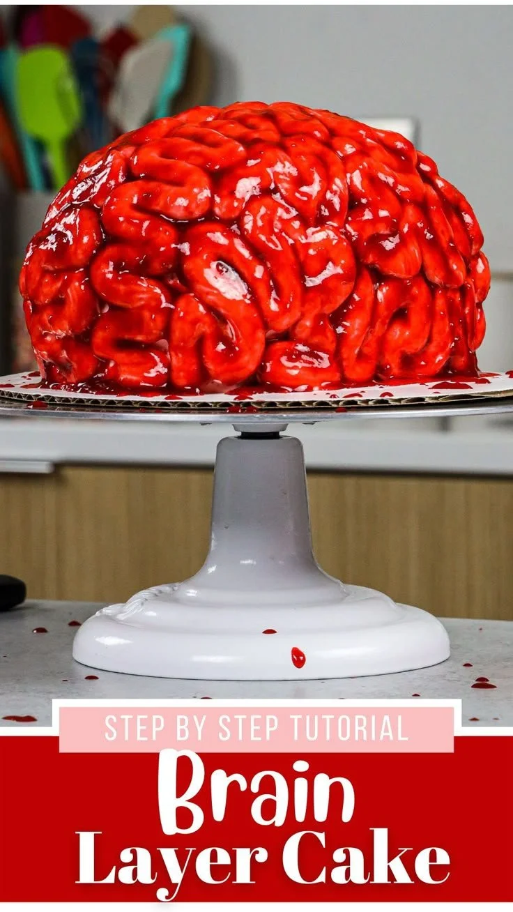 Decorative Brain Cake made with buttercream frosting for Halloween parties