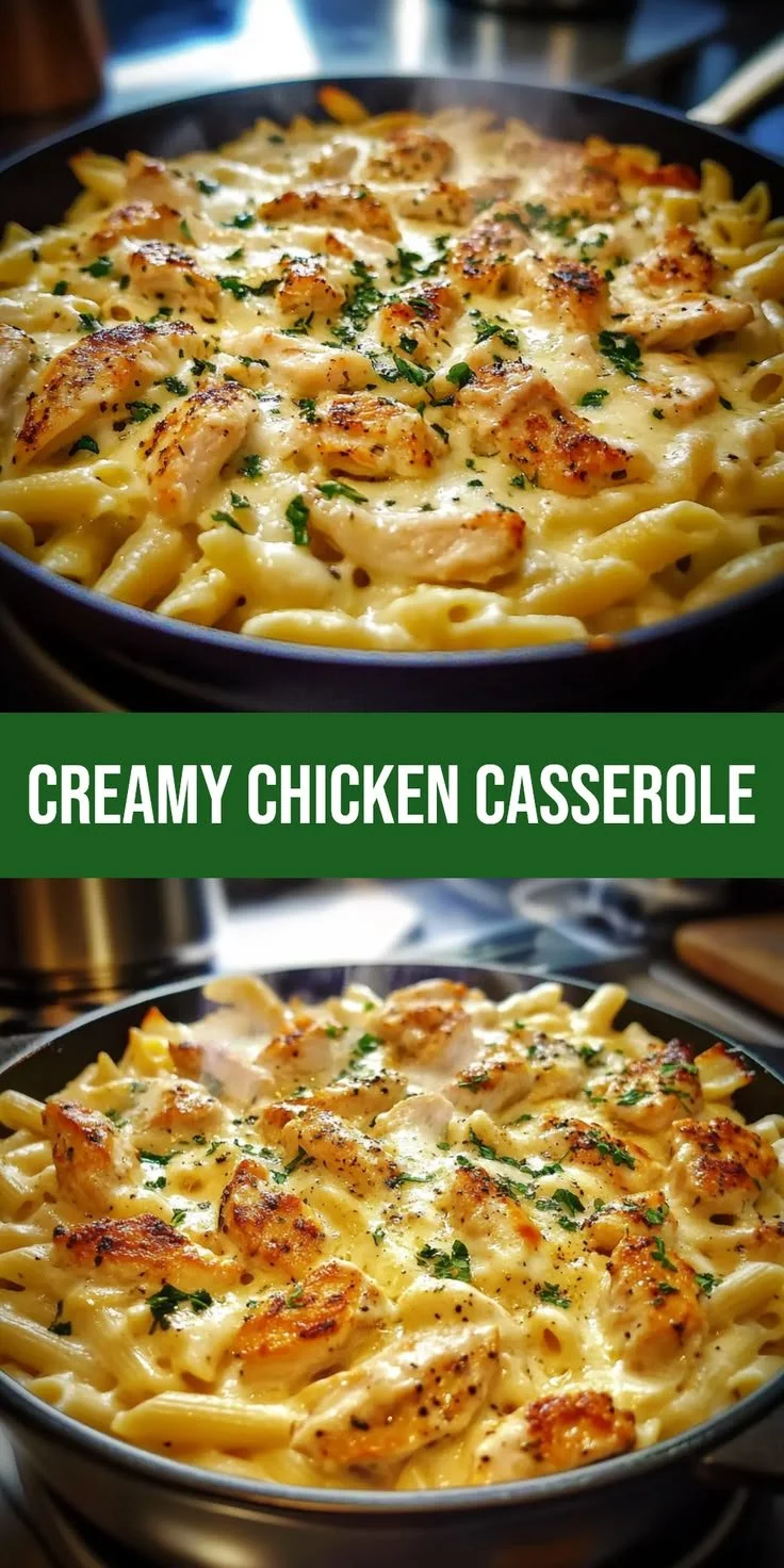 Creamy chicken pasta casserole in a baking dish fresh out of the oven