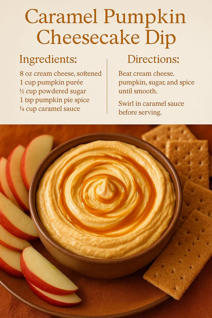 Caramel pumpkin cheesecake dip served in a bowl with autumn decorations