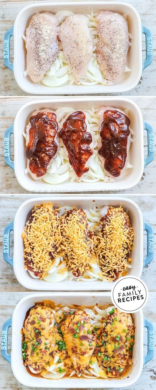 Cheesy BBQ Chicken Bake dish with melted cheese, chicken, and BBQ sauce