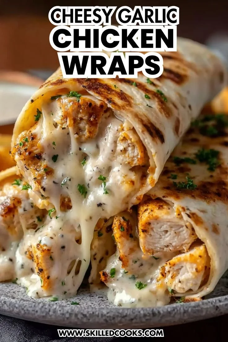 Delicious cheesy garlic chicken wraps filled with melty cheese and grilled chicken