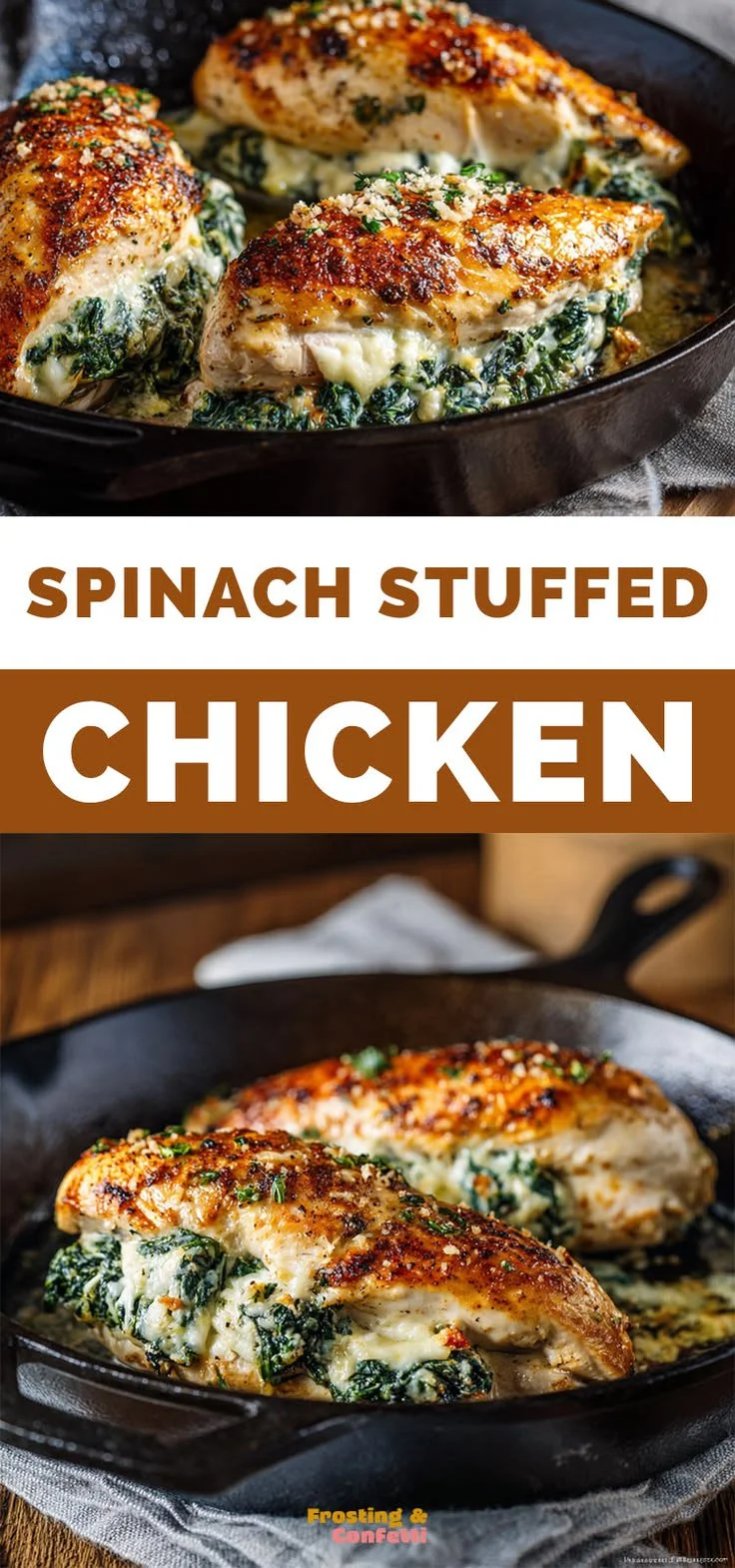 Cheesy Spinach Stuffed Chicken recipe with melted cheese and fresh spinach.