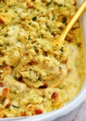 Delicious Chicken and Stuffing Bake in a ceramic dish