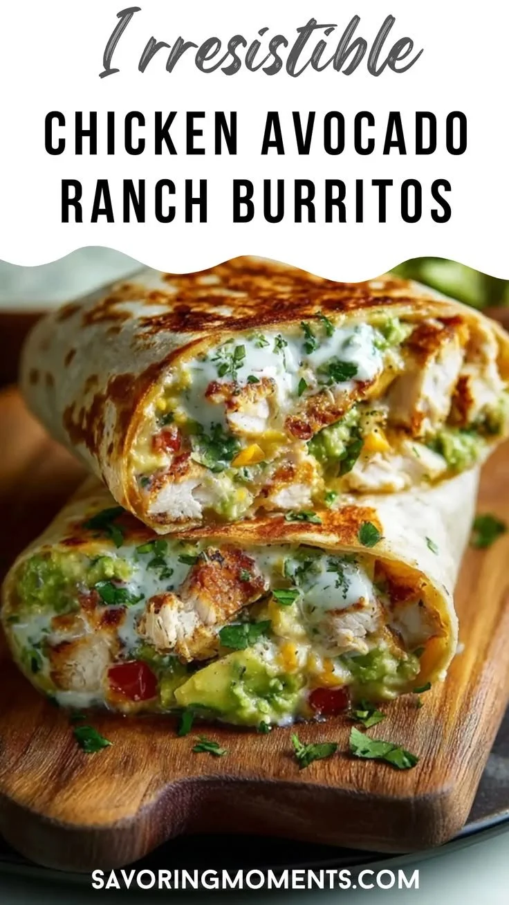 Delicious Chicken Avocado Ranch Burritos wrapped in a tortilla