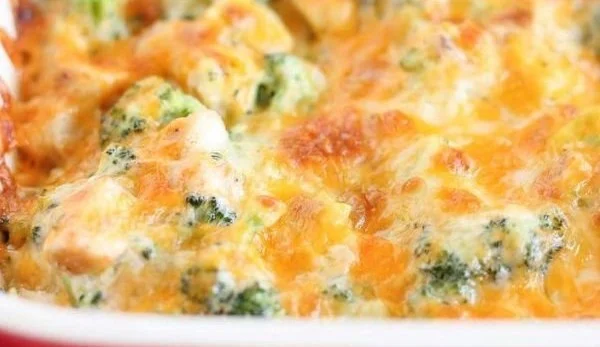 Baked chicken and broccoli casserole served in a dish