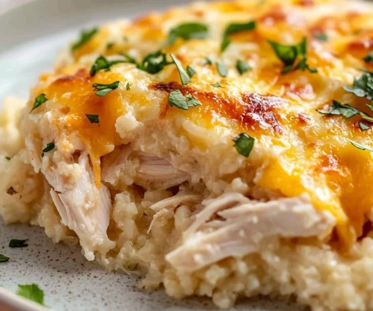 Delicious chicken cauliflower rice casserole ready to serve