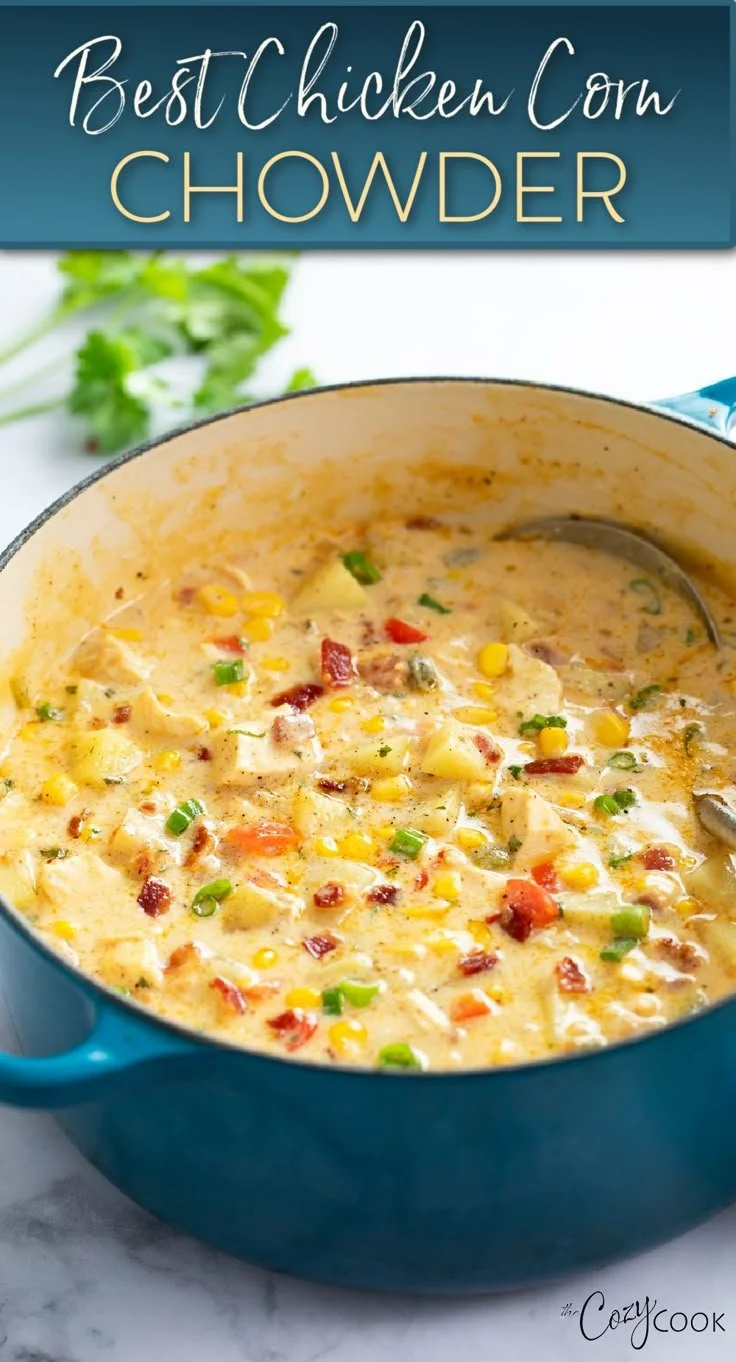 Bowl of creamy Chicken Corn Chowder with corn and diced chicken pieces