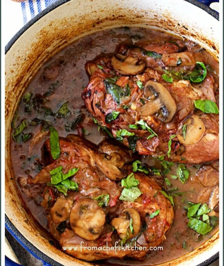 Chicken Pinot Noir dish featuring wild mushrooms and rich sauce