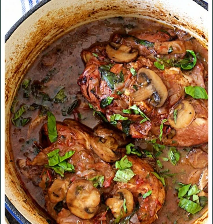Chicken Pinot Noir with Wild Mushrooms and Fresh Basil