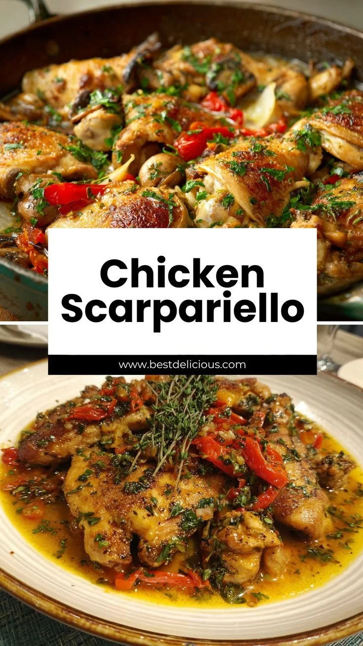 Delicious Chicken Scarpariello served with peppers and herbs in a savory sauce