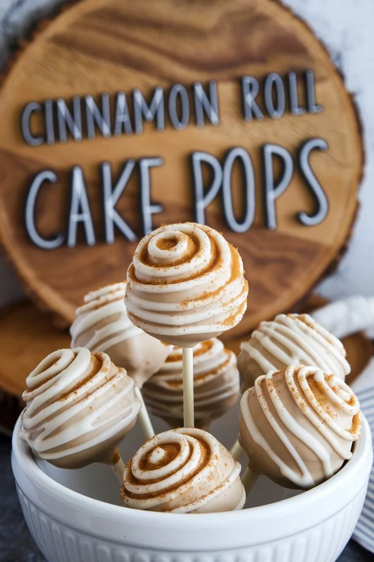 Delicious Cinnamon Roll Cake Pops garnished with icing and cinnamon.