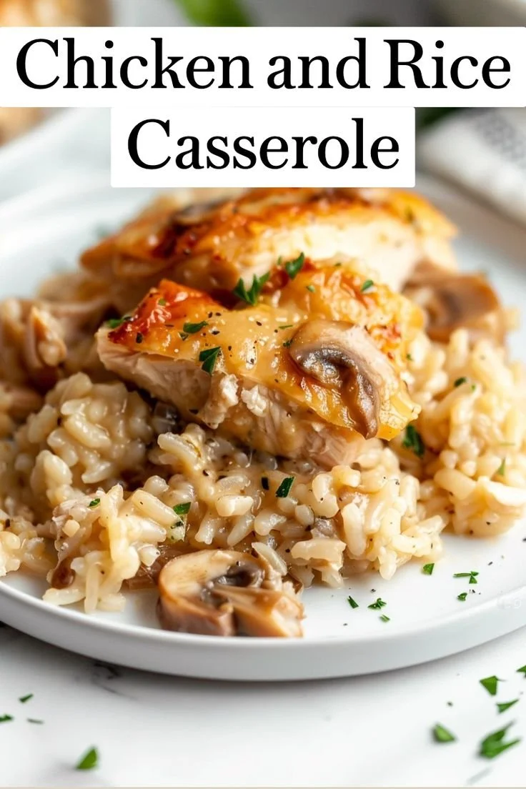 Delicious classic chicken and rice casserole served in a baking dish