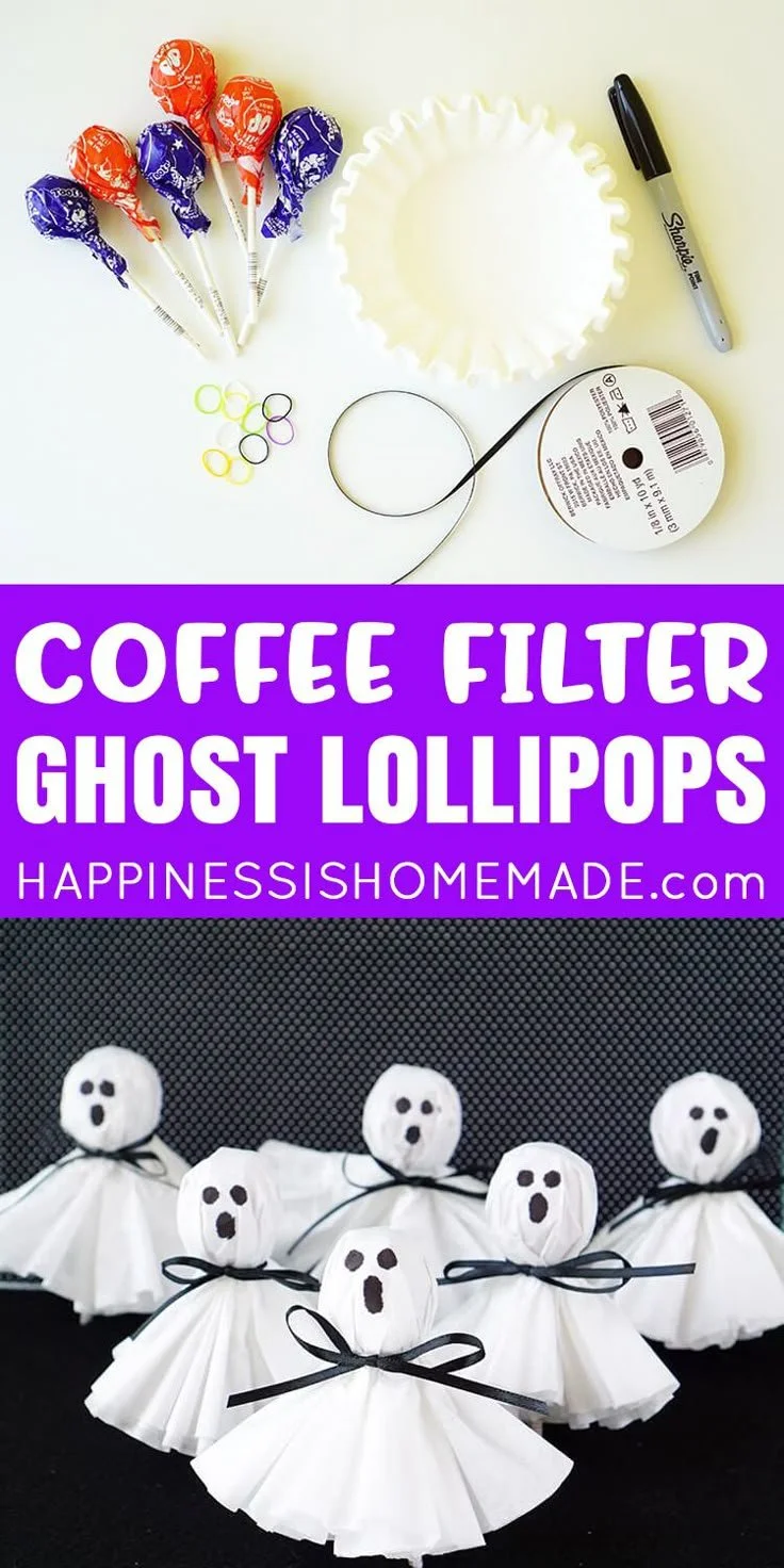 DIY coffee filter ghost lollipops craft for Halloween