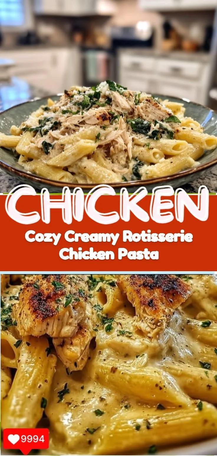 Creamy rotisserie chicken pasta served in a bowl with fresh herbs on top