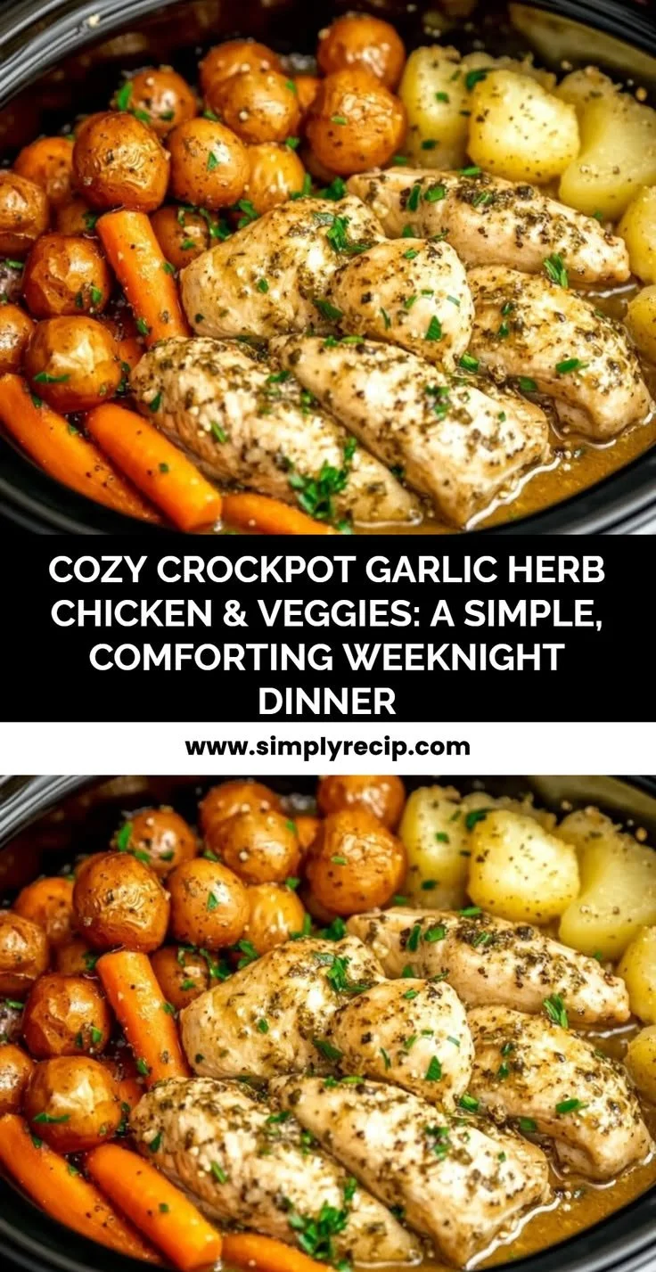 A cozy plate of easy crockpot garlic herb chicken with vegetables.