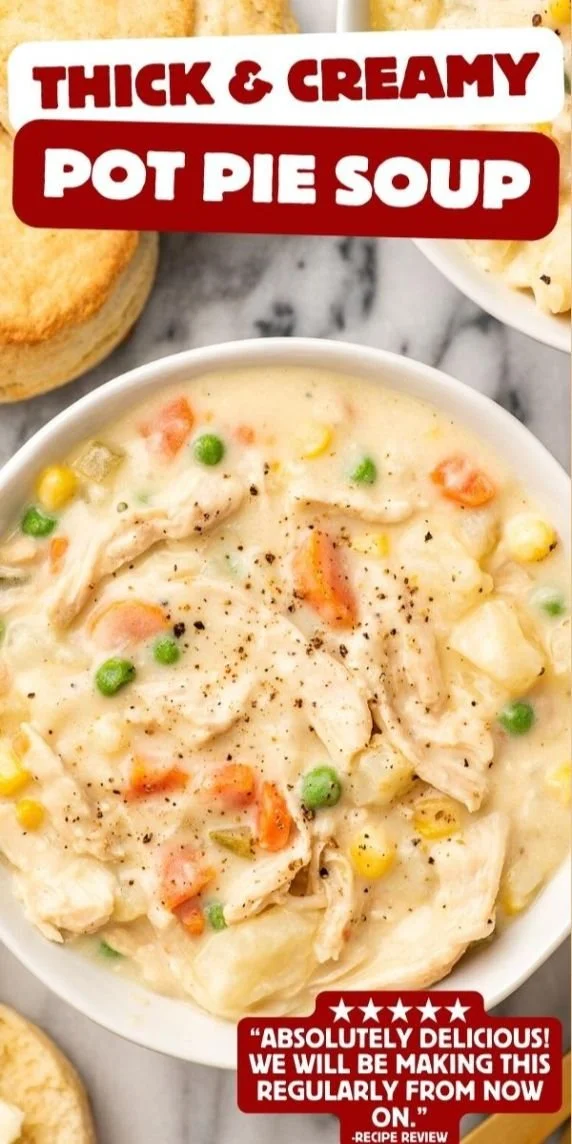 Bowl of creamy chicken pot pie soup with vegetables and herbs