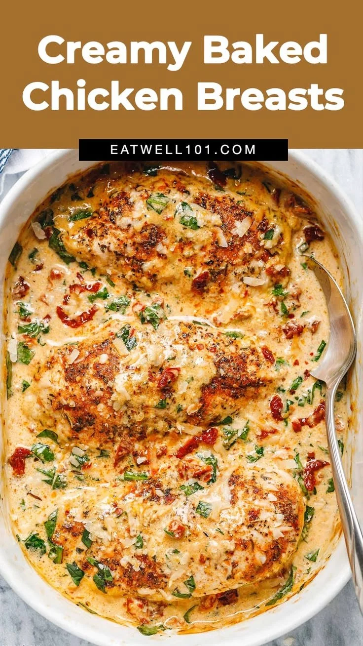 Creamy baked chicken breasts served with herbs and spices