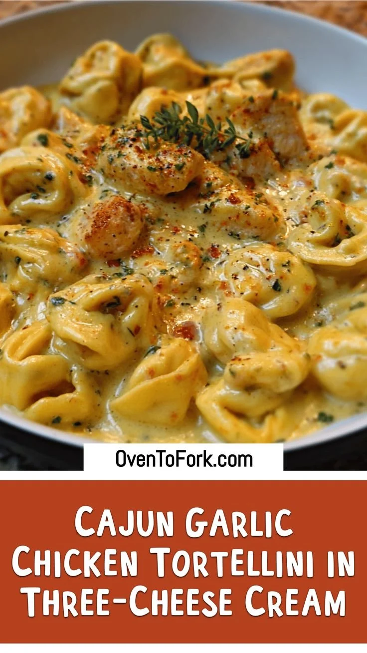Creamy Cajun garlic chicken tortellini served in a bowl garnished with herbs
