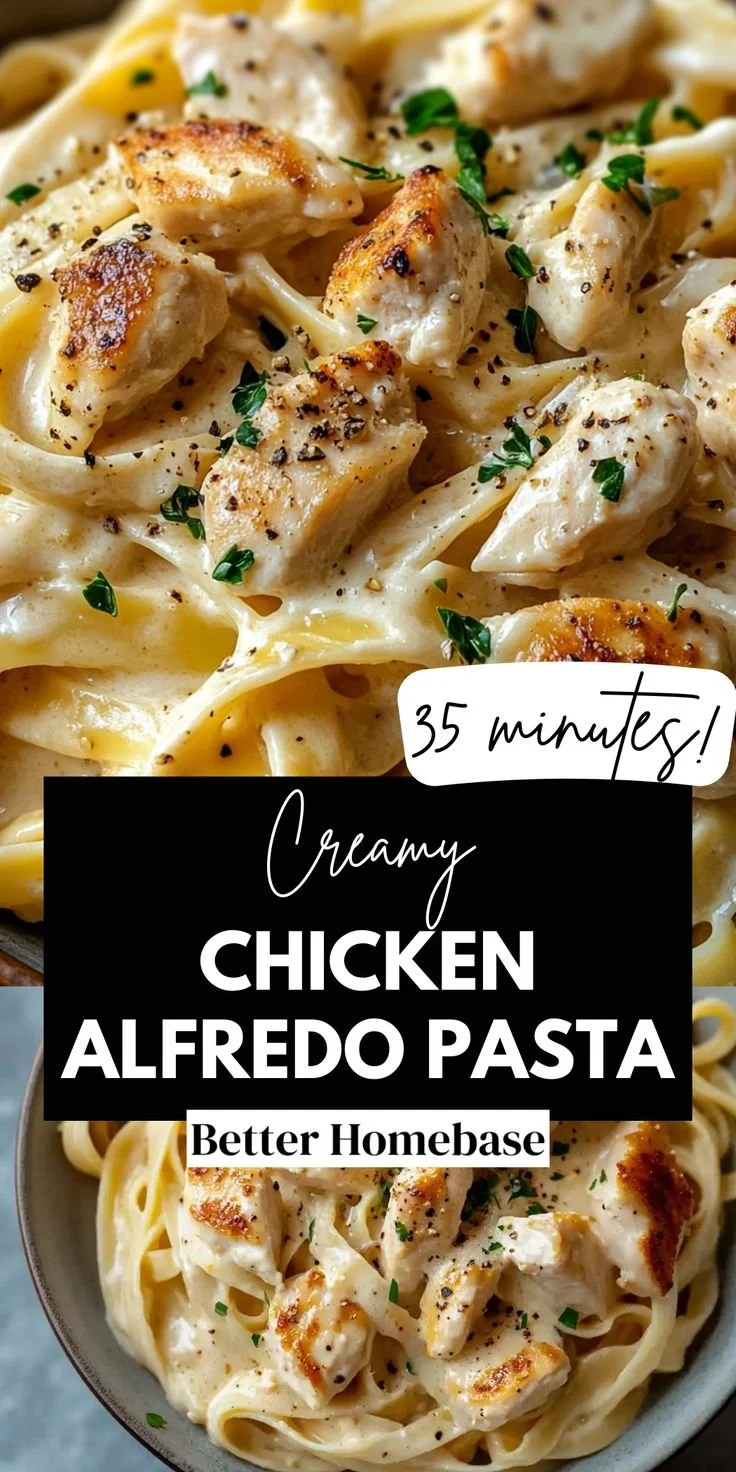 Creamy Chicken Alfredo pasta dish topped with parsley, served in a bowl