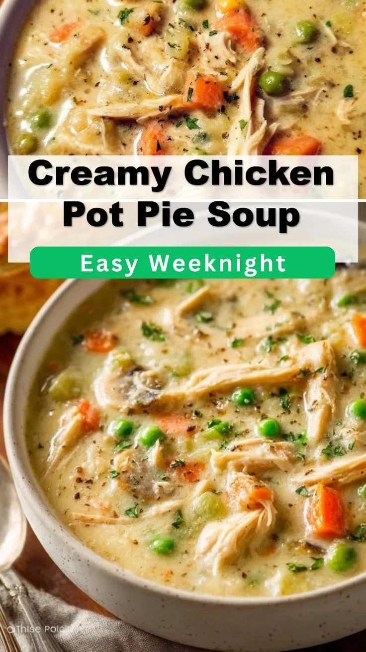 Delicious bowl of creamy chicken pot pie soup topped with fresh herbs