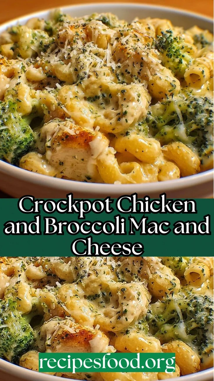 Creamy crockpot chicken broccoli mac and cheese in a bowl