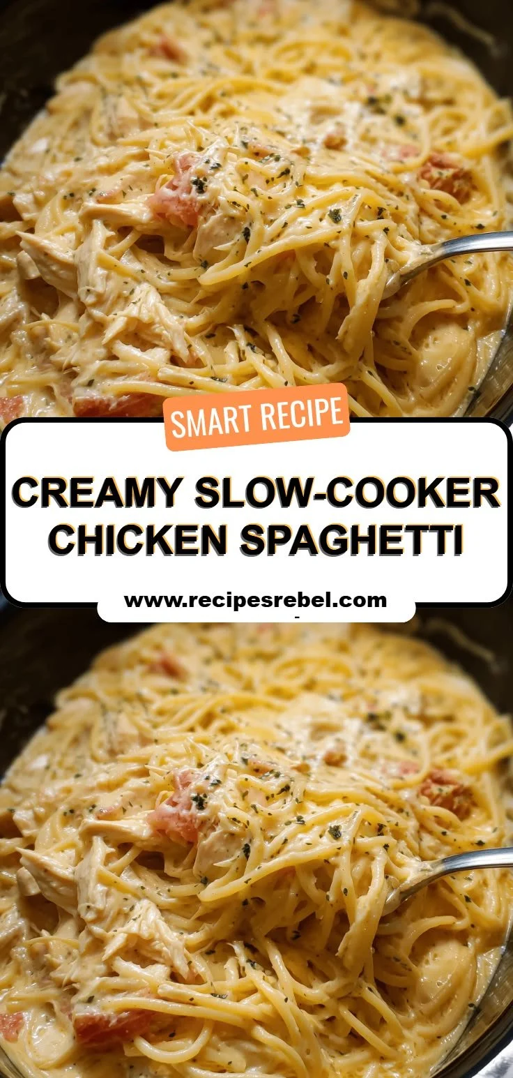 Creamy crockpot chicken spaghetti served in a bowl with herbs