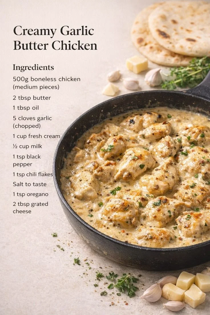 Delicious creamy garlic butter chicken served with herbs and garnishes