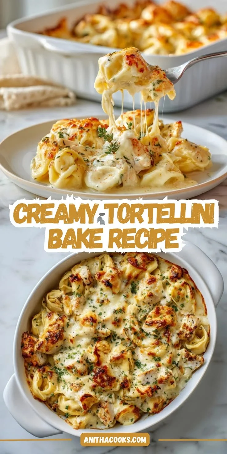 Creamy garlic butter chicken tortellini bake served in a baking dish
