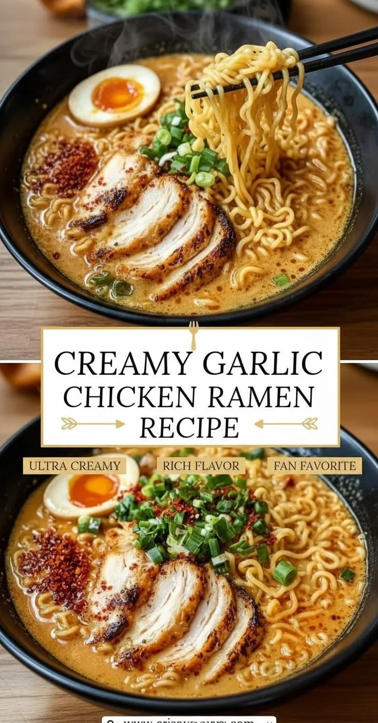Bowl of creamy garlic chicken ramen topped with herbs and vegetables