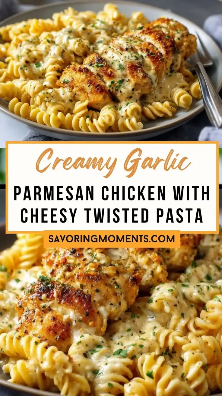 Creamy garlic parmesan chicken with cheesy twisted pasta served in a bowl