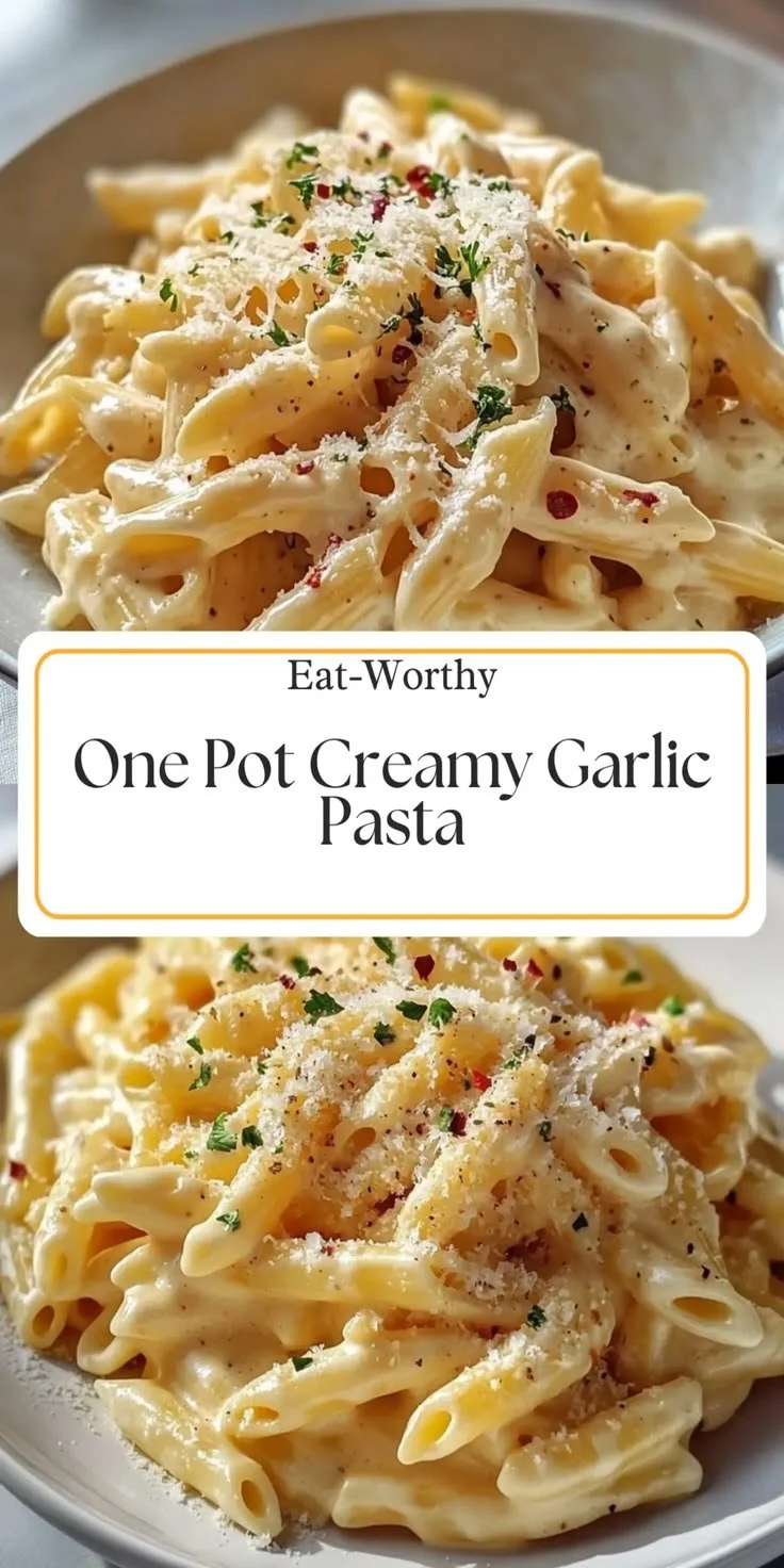 Delicious creamy garlic pasta in a bowl garnished with herbs