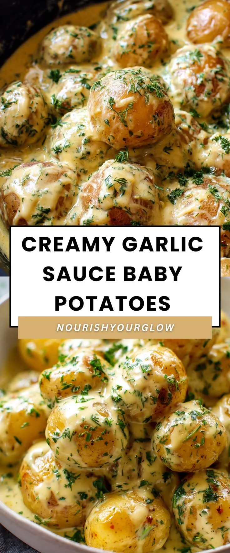 Creamy garlic sauce drizzled over roasted baby potatoes