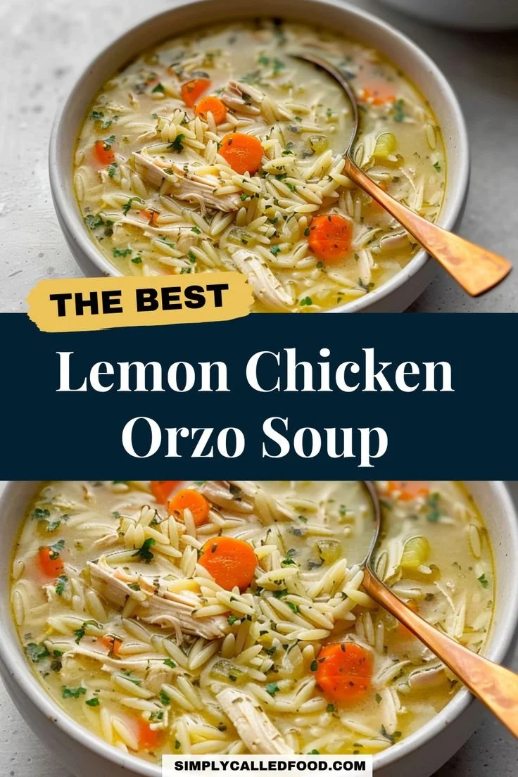 Bowl of creamy lemon chicken orzo soup garnished with parsley and lemon slices.