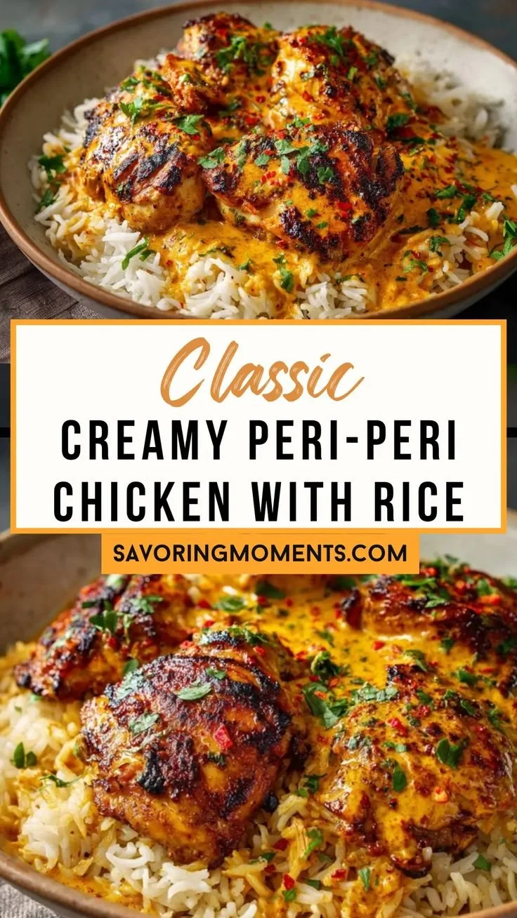 Creamy peri-peri chicken dish served with rice on a plate